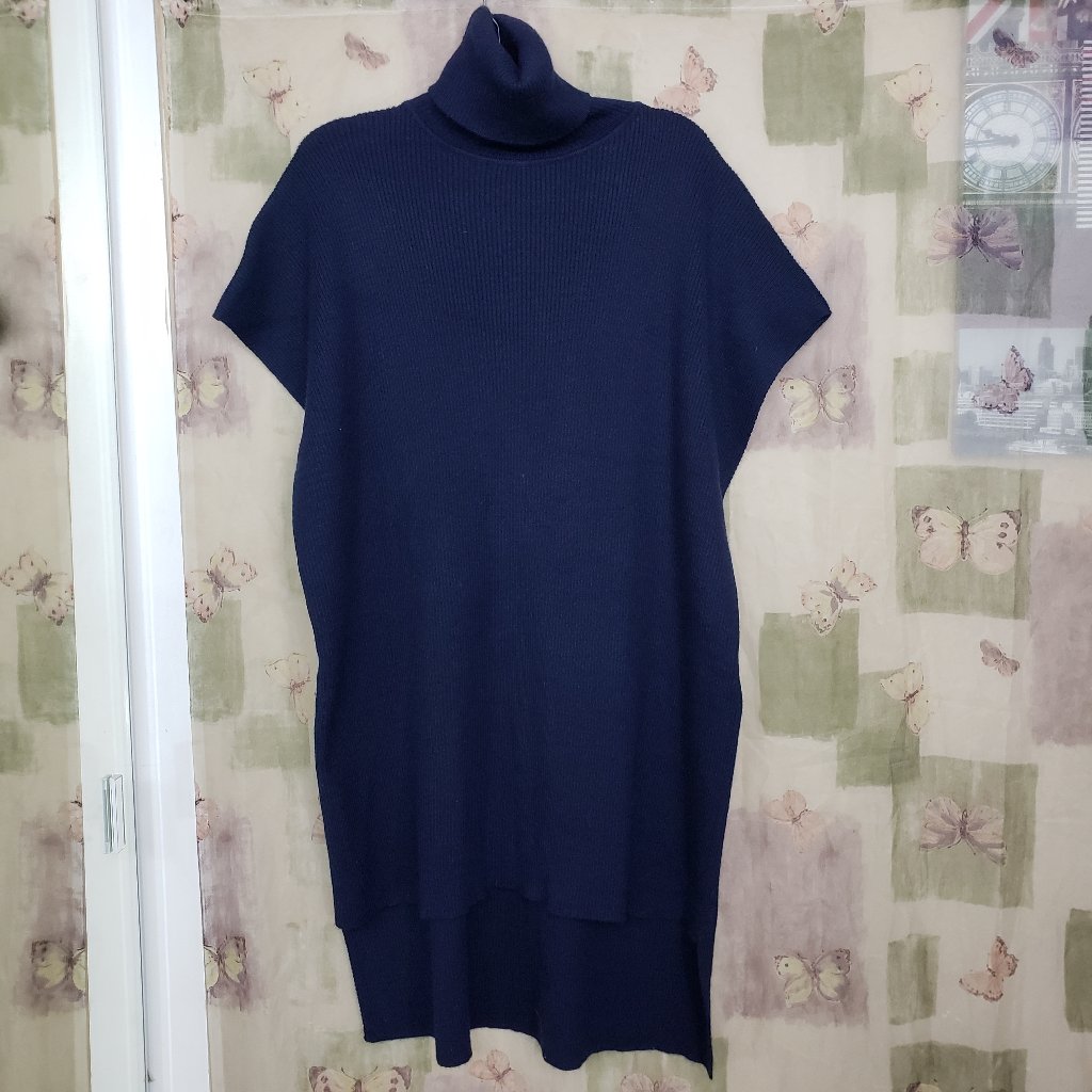 Navy Blue Turtleneck Sleeveless High Low Ribbed Sweater Dress